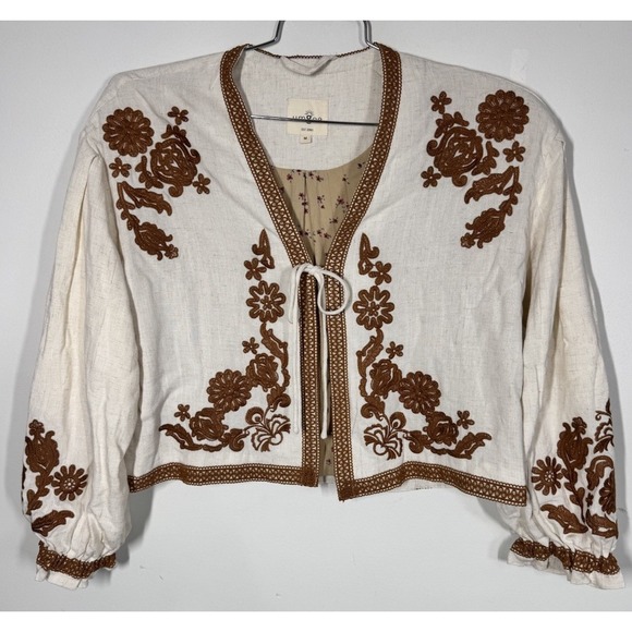 Umgee Jackets & Blazers - Umgee Linen Blend Lace Embroidered Jacket Cropped Puff Sleeve Size M Festival